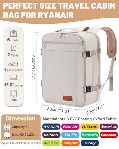 MOCOCITO Travel Backpack Cabin Airplane 40 x 30 x 20, Travel Suitcases Cabin for Vueling Waterproof Backpack Hand Luggage, 30 L Backpack for Men, Women, Travel Backpack, Laptop Backpack (Beige Cream)