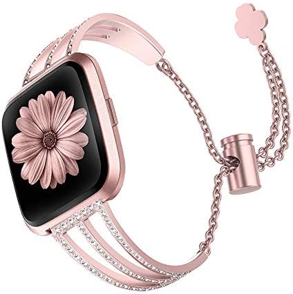 Jewonder Bands Compatible with Fitbit Versa, Versa 2 Versa Lite for Women SE Special Edition Stainless Steel Metal Band Accessories Pink Rose Match Versa SE