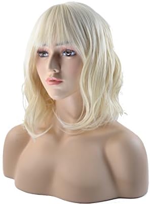MeriCino Short Wigs for Women with Air Bangs 14" Curly Synthetic Fashion Natural Lovely Hair Harajuku Costume Party Wig+ Free Wig Cap (Platinum Blonde)