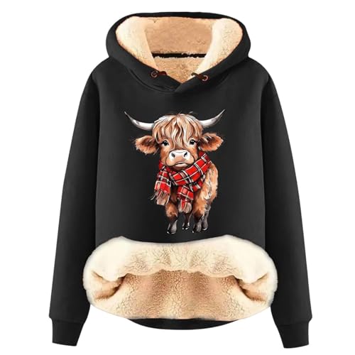 Christmas Sweater Black Christmas Jumper Jumpers for Women Highland Cow Hoodie Fleece Lined Sherpa Sweatshirts Drawstring Long Sleeve Sweaters Highland Cow Gifts Fashion Pullover Black M