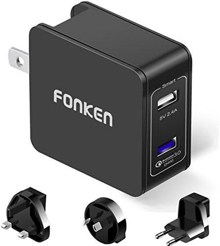 Quick charge 3.0, FONKEN 36W dual USB Plug wall charger with Smart port 5V 2.4A Foldable plug worldwide universal travel adapter with US EU UK AU charger adapter for compatible iPhone, Samsung, HTC LG