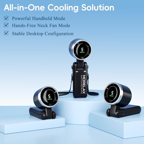 Morelax Portable Hand Fan Turbo Cooling 10 m/s, 5 Speed with LED Display, 4000 mAh, Folding Fan for Desk/Neck/Pocket for Travel, Makeup, Outdoor, Black