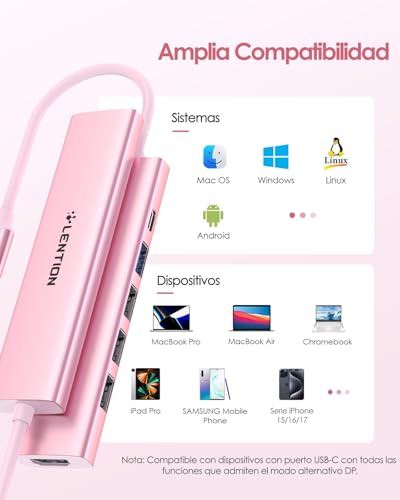 LENTION 6 in 1 USB C Hub HDMI 4K@30Hz, PD 100W, USB-A 3.0 & 2.0, USB C Adapter for MacBook Pro/Air 2026-2016, New MacBook Neo, Surface, iPhone 17 Plus Pro MAX and More (CH17, Rose Gold)