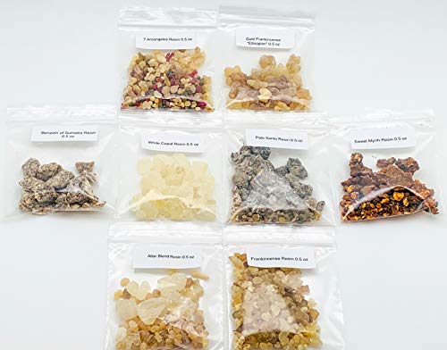 Resin Incense Set: Palo Santo, Altar Blend, Sweet Myrrh, White Copal, Frankincense, 7 Arcangeles, Benzoin, Ethiopian Frankincense | White Sage, Charcoal Tablets, Tong, Brass Hanging Censer Burner