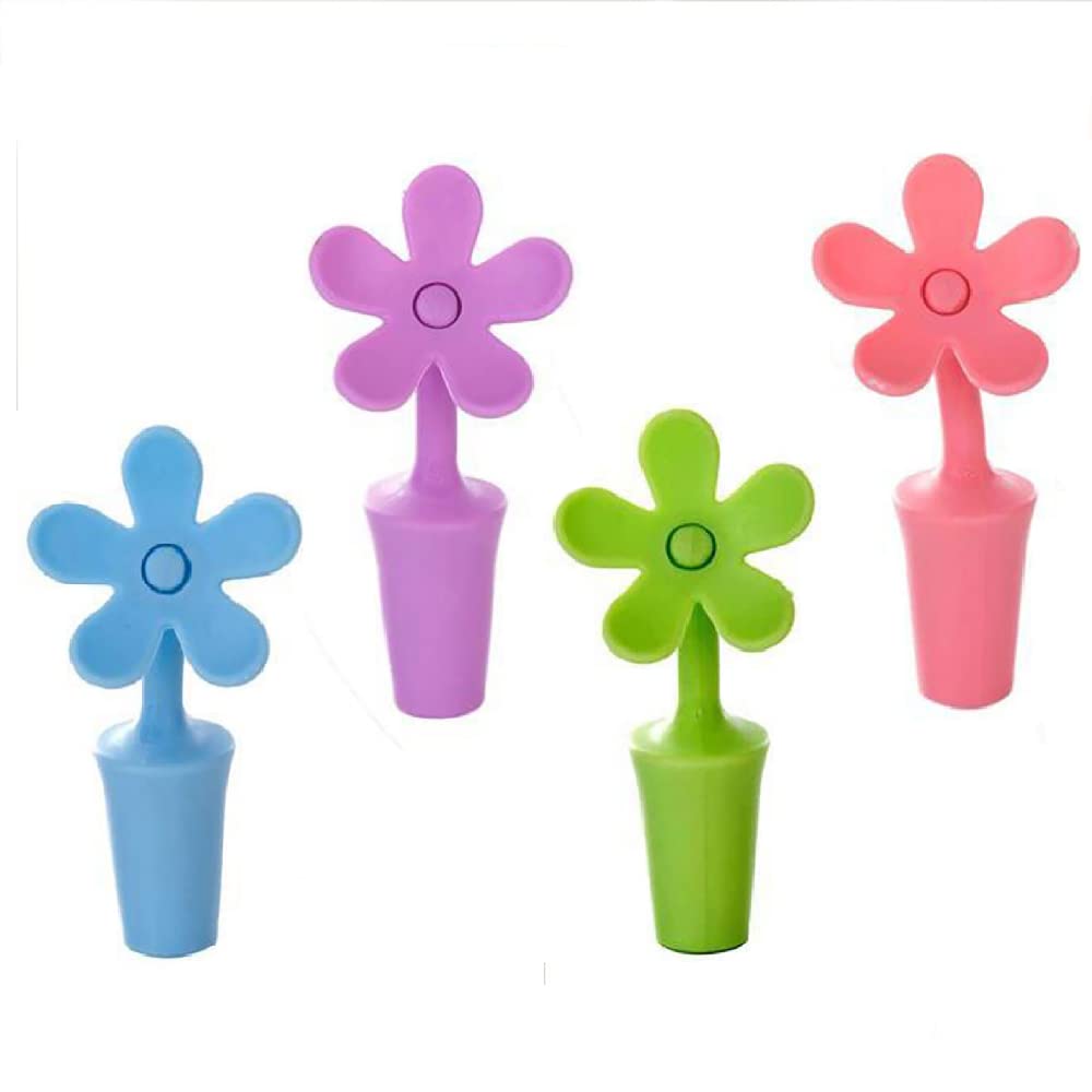 Silicone Wine Stoppers, 4 Pcs Reusable Flower Shape Wine Stopper Bottle Sealers, Funny Decorative Wine Stopper Cap for Beer Champagne Sparkling Wine (4 Colors)