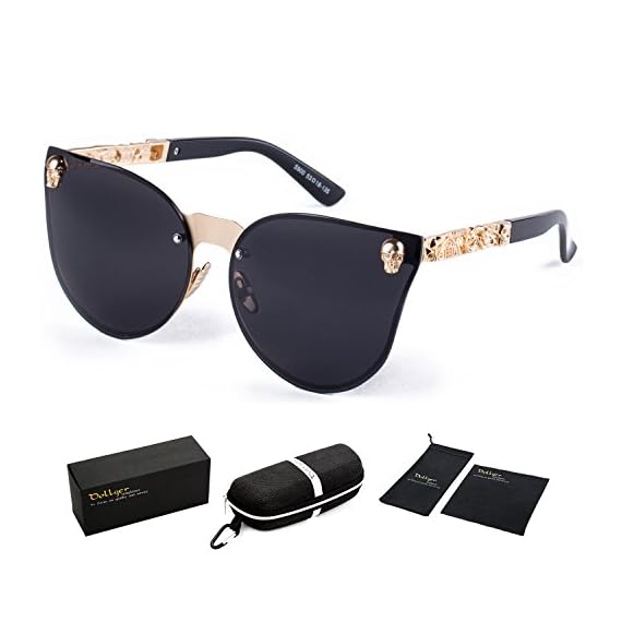 Dollger-Skull-Design-Cat-Eye-Sunglasses-UV400-Protection-Rimless-Black-LensGold-Frame