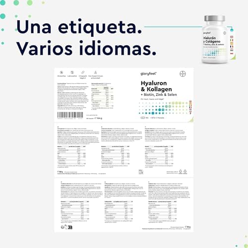 Colágeno + Ácido Hialurónico - Soporte al cabello, piel, huesos + sistema inmunitario - Fórmula con 1000 mg de colágeno hidrolizado + Vitamina C, Biotina, Zinc, Selenio y otros - 180 Cápsulas