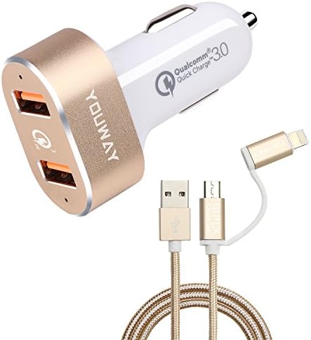 Car Charger Adapter, Quick Charge 3.0 36W Rapid Dual usb Ports, With 2-in-1 lightning micro usb cable 3ft for iPhone X/8/7/6s/Plus/SE, iPad Pro/Air2, Samsung Galaxy Note S8/S7/Edge/Plus and More-GOLD