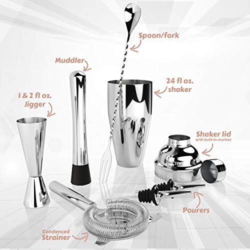 All-inclusive Bar Set | Professional Home Bartender Cocktail Shaker Set | Includes a Recipe Book & All Necessary Bar Tools and Accessories | Impressive Gift for Men! (Silver)