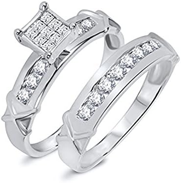 5/8 Carat CZ Simulated Diamond Bridal Wedding Ring Set 14K White Gold Plated
