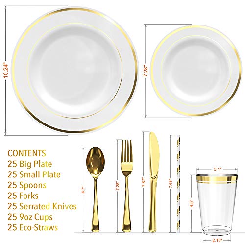 Gold Plastic Dinner Plates Disposable Dinnerware Set for 25 Guests | 12 oz Rimmed Cups & Straws | Cocktail Recipe eBook | 175 Pieces [25 Forks, Knives, Spoons, Cups, Salad & Dinner Plates] - Thumbnail 2
