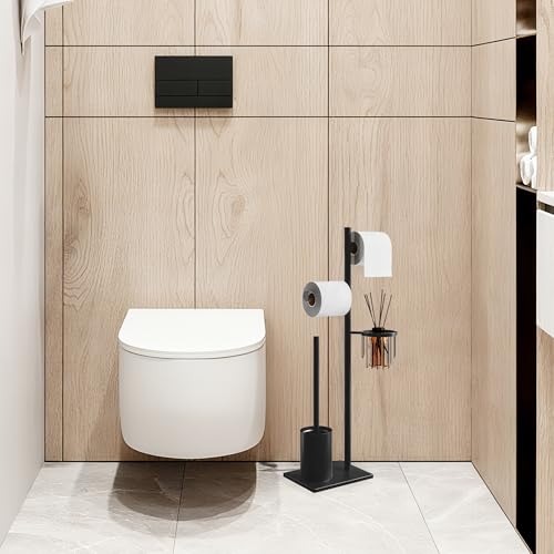 Toilet Paper Holder Set Stainless Steel Black Freestanding Toilet Brush and Storage Basket Perfect for Organizing Bathroom with Elegance and Practicality