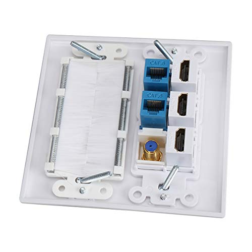 3 HDMI HDTV + 2 CAT6 RJ45 Ethernet + Coaxial Cable TV F Type Keystone Face Plate IQIAN Brush Wall Plate, Wall Socket for HDTV, HDMI, Home Theater Systems …