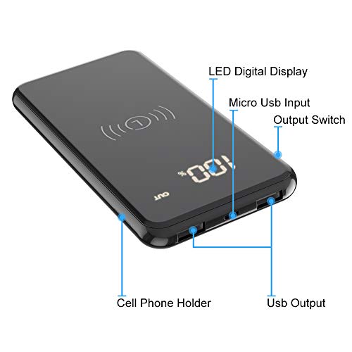 Wireless Charger Power Bank,DYTesa 8000mAH Portable Charger Mirror Surface LCD Digital Screen External Battery with 2.1A Type-C & Micro Dual Input,2.4A Output for Smartphone & Other Device,Black
