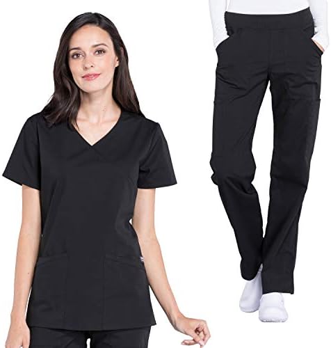Workwear Professionals Women's V-Neck Solid Top & Mid Rise Straight Leg Pull-on Cargo Pant Set