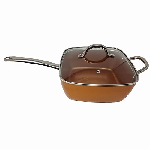 Copper Ceramic Square Non-Stick Ceramic Pan 5 Piece Set for Frying, Baking, Broiling, Steaming & Braising with Fry Basket Steamer & Tempered Glass Lid - Thumbnail 3