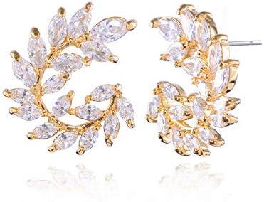 CZ Cluster Earrings for Women Gorgeous Marquis-Cut Cubic Zirconia Curved Bridal Wedding Banquet Stud Earrings for Bride Bridesmaids Fashion Olive Branch Stud Earring Leaves Shape Jewelry