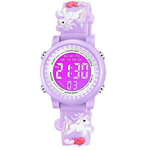 Venhoo Kids Watches 3D Cartoon Waterproof 7 Color Lights Toddler Wrist Digital Watch with Alarm Stopwatch for 3-10 Year Girls Little Child