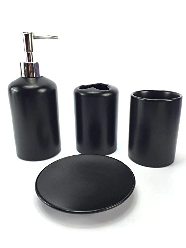 WPM 4 Piece Ceramic Bath Accessory Set | Includes Bathroom Designer Soap or Lotion Dispenser w/Toothbrush Holder, Tumbler, Soap Dish Choose from Purple, Black, Brown, Navy or Burgundy (Black)