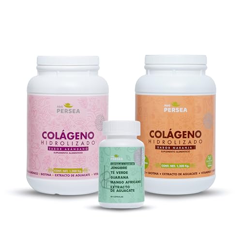 A&G PERSEA - Dúo Colágeno Hidrolizado en polvo con Extracto de Aguacate - 1 Sabor Arándano + 1 Naranja 1.2 kg c/u | Con Ácido Hialurónico, Vitaminas y Minerales | Fórmula Completa Sin Azúcar (Arandano / Naranja)
