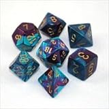 Chessex Manufacturing Cube Gemini Set Of 7 Dice - Purple & Teal With Gold Numbering CHX-26449