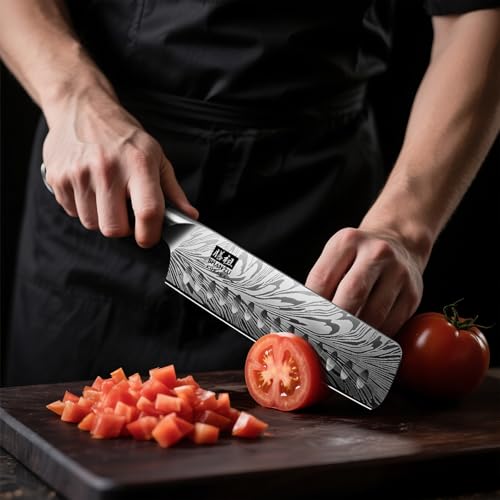 SHAN ZU Japanese Nakiri Knife in Powder Steel, 18 cm Kitchen Knives High Carbon 63 HRC Vegetable Chopper Professional 12°Sharp Blade Chef Knives with Ergonomic Pakkawood Handle