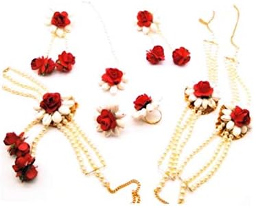 JUIP_393 RED ROSE AND WHITE COLORS JASMINE FLOWER 1 MANGTIKA,AND 1 PAIR EARRINGS , 2 BRACELATES WITH 2 FINGER RINGS , 1 BAJUBAND / ARMLET FOR BRIDAL FULL SET GOTA PATTI FLOWER JEWELLERY FOR MEHANDI,HALDI,GODBHARAI,BABY SHOWER ,MARRIAGE,KITTY PARTY ,WEDDING BRIDE.