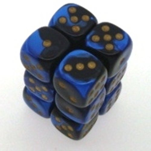 Chessex Dice d6 Sets: Gemini Black & Blue with Gold - 16mm Six Sided Die (12) Block of Dice
