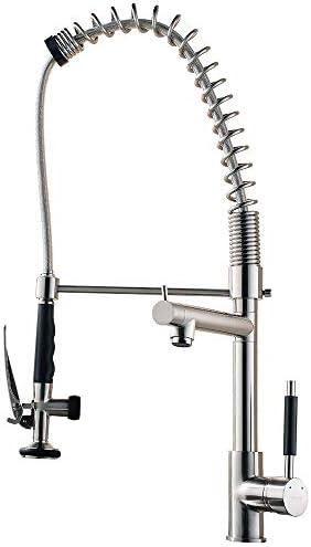 Friho Lead-Free Modern Commercial Brushed Nickel High Arch Stainless Steel Single Handle Single Lever Two Spouts Pull Out Pull Down Sprayer Spring Kitchen Sink Faucet, Brushed Nickel Kitchen Faucets