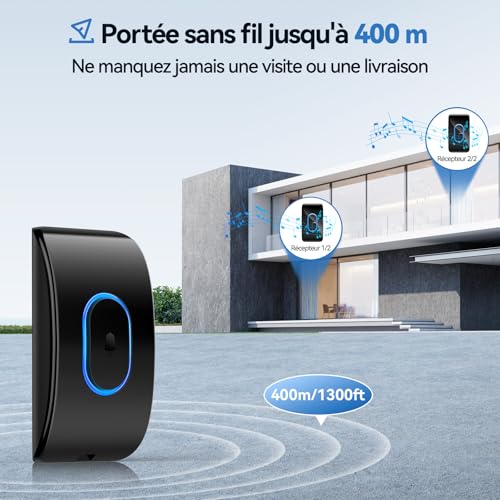 TECKNET Waterproof Outdoor Wireless Doorbell with 2 Receivers, 400 m Range, IP65 Waterproof Chime, 60 Melodies and 5 Levels Volume, Blue LED Indicator, for Home, Hotel – Black