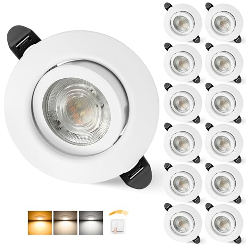 Aulaiyi 3CCT LED Downlight Recessed Ceiling 230V Dimmable 68mm 5.5W IP44 Portholes Extra Flat LED Spotlights Interior Ceiling 45° Rotatable Recessed Spotlight for Bathrooms, White 12 Pack