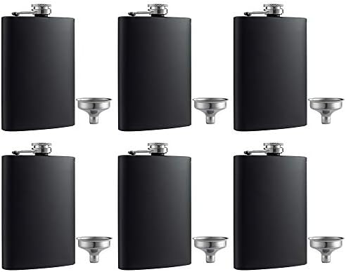 6 Pcs 8 oz Matte Black Pocket Liquor Whiskey Hip Flask with Funnel, Stainless Steel and Leak Proof