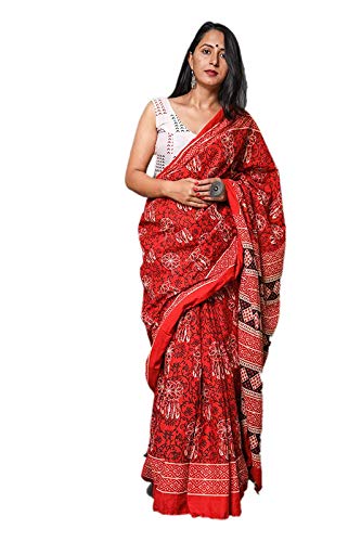 Woman Hand Block Printed Jaipuri Print Cotton Mulmul Saree with unstitched Blouse