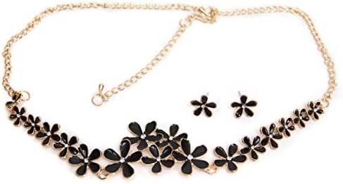Women Alloy Crystal faux Pearl Flower Bridal Jewelry Necklace and Earring Set. (Black)