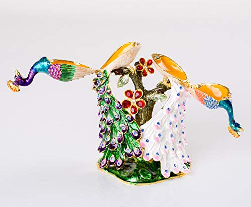 SEVENBEES Hand Painted Pair of Peacocks Figurine Enamel Hinged Jewelry Trinket Box