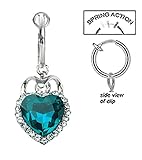 Fake Belly Navel Non Clip on Pretty Bluish Green Heart of the Ocean dangle Ring