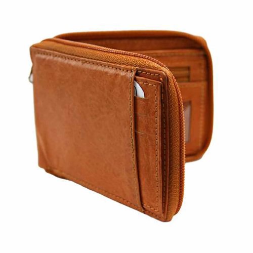 Tan Leather Mens Zipper Wallet Photo Coin & Cc Slot