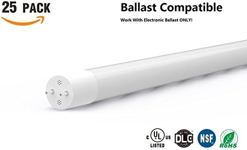 25-Pack Ballast Compatible T8 LED Tube, Work with Electronic ballast, Emergency Ballast, 17W(36W&amp;40W or Higher Equivalent), 4000K(Cool White), 4ft, Frosted, Glass, UL-Listed &amp; DLC-Listed (25, 4000K)