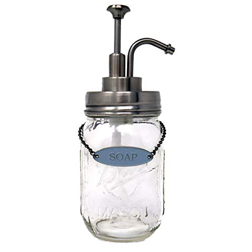Mason Jar Soap Lotion Dispenser (Vintage Brushed Nickel) with Soap Lotion Label Tag, Stainless Steel Pump, with 16 Ounce Ball Mason Jar/Classic Decor for Bathroom, Kitchen, Farmhouse