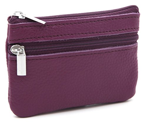 DKER Genuine Leather Card Case Wallet/Coin Change Purse with Key Ring - Purple