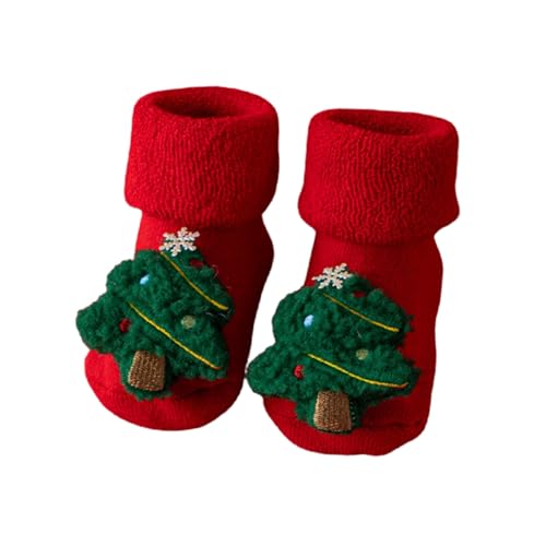 Baby Christmas Socks Toddler Anti-Slip Cotton Sock Xmas Pattern Girl Boy Baby Fluffy Socks Thick Winter Warm for Newborn 0-36 Months, Red Christmas Slipper Stockings Gift