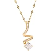 DIAMANTIO 18K Gold Plated Elegant Wave Pendant Necklace with Cubic Zirconia – Dainty Chain Statement Jewelry for Women