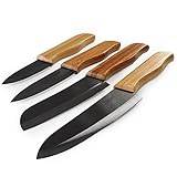 Japanese Grade Black Ceramic Knife Set Complete with 4 Knives & Sheaths featuring Ergonomic Bamboo Handles & Satori-Sharp Blades