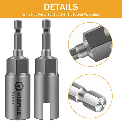 VIGRUE 4PCS Deep Power Wing Nut Driver, Slot Hurricane Wingnut Drill Bit Socket, Wrenches Tools Set 4 Sizes for Panel Nuts Screws Eye C Hook Bolt, 1/4" Hex Shank