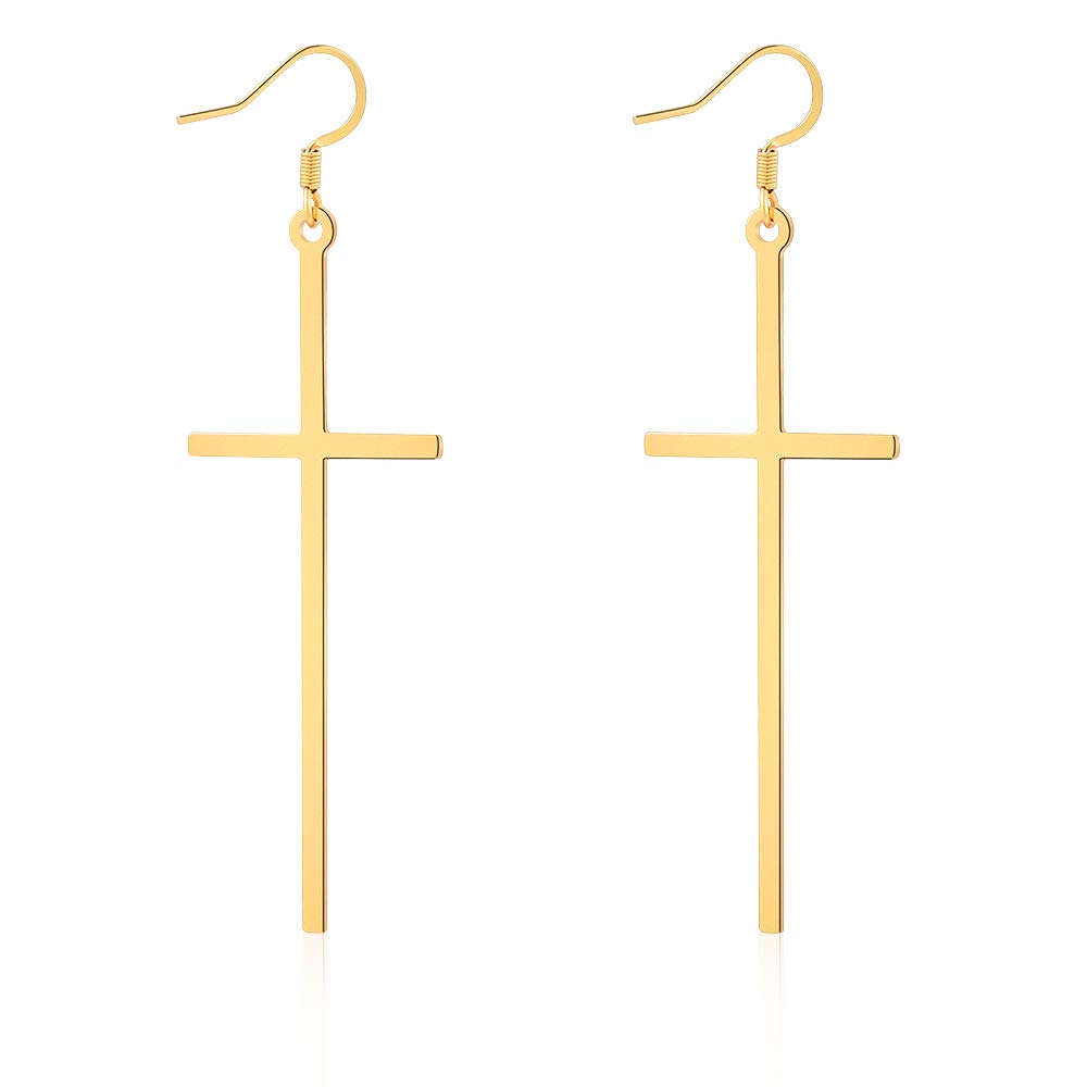 VU100 Long Cross Dangle Earrings for Women Stainless Steel Hypoallergenic Jewelry Gift Silver