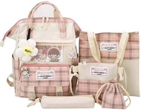 3-Piece Kawaii Backpack Set With Bows - Pink Nylon, Large Capacity, Includes Pouch & Keychain