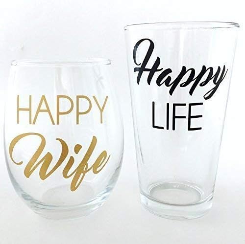 Happy Wife, Happy Life - Wedding Gift - Wine & Beer Glass Set - Engagement Present for the Couple