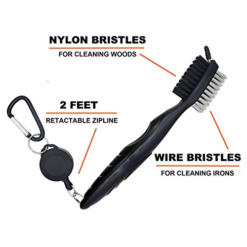 Hsxfl Golf Club Brush with Groove Cleaning Spike, 2 Ft Retractable Cord and Clip.Lightweight and Stylish, Ergonomic Design, Easily Attaches to Golf Bag (Black)