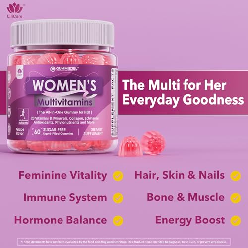 Womens Multivitamin Gummy, Methylated Multivitamin for Women, Biotin, Methylfolate, Iron, Collagen, Vitamins A C D, B Complex, Antioxidants for Women's Daily Support, Beauty, Immune, No Sugar, 60 Cts