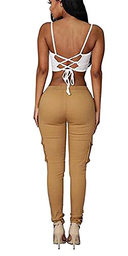 Coutgo Womens Casual stretch drawstring skinny pants cargo jogger pants (XXXL, yellow)